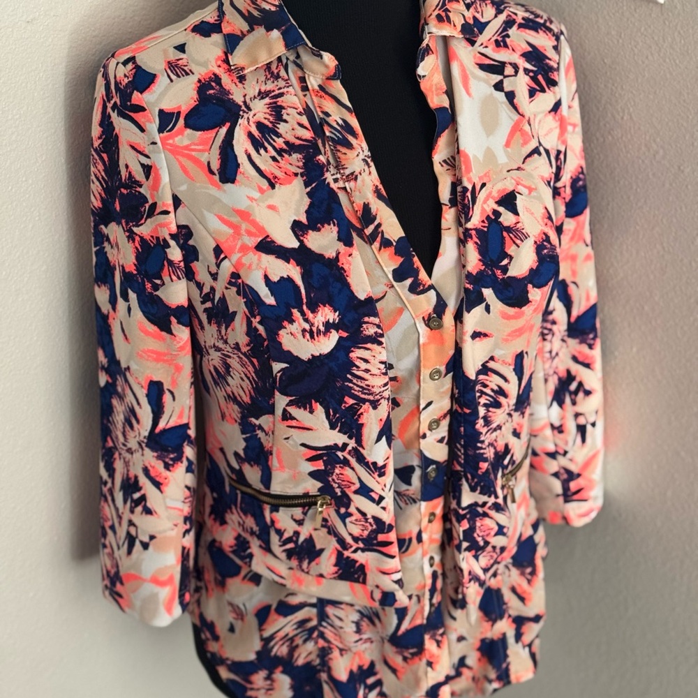 BEBE Tropical Neon Orange Blazer Blouse Set 2 Pieces Size M Medium - Picture 3 of 11